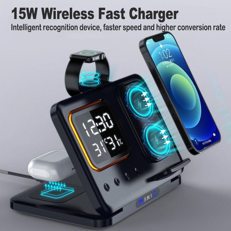 15W Wireless Chargers Stand 5 In1 LED Digital Alarm Clock Fast Charging Dock Station