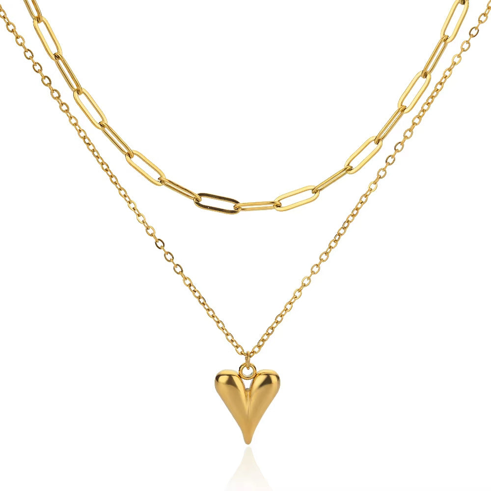 Gold Heart Pendant Double-layer Titanium Steel Necklace Light Luxury French Style