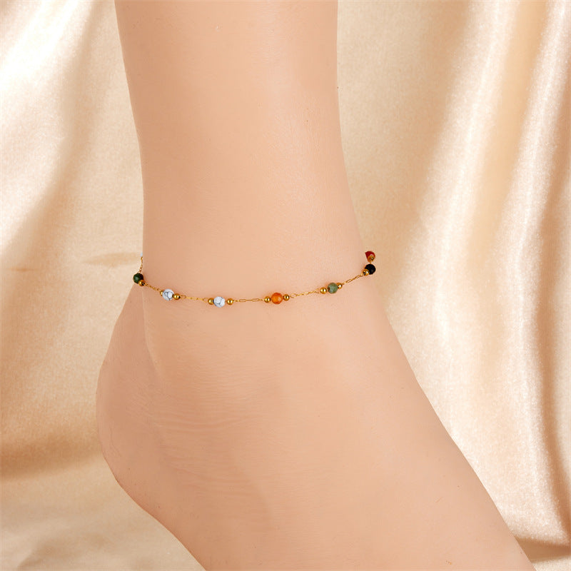 Colored Beaded Stone Stainless Steel Chain Anklet