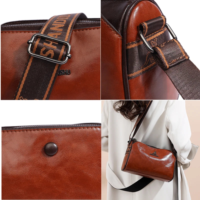 High Quality Oil wax Genuine Leather Messenger Bag Multilayer  High Capacity Luxury Shoulder Crossbody Bag Women Handbag Purse