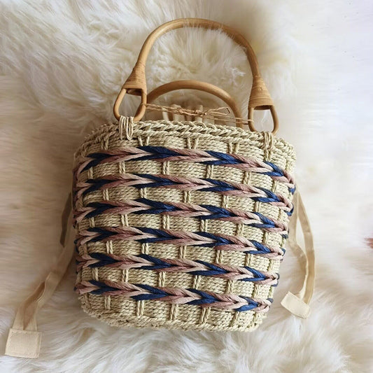 Japanese Style Paper String Woven Bamboo Rattan Handle Handbag